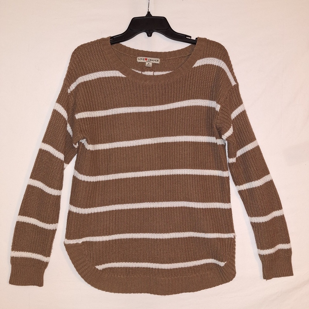 Brown Striped Sweater M Button Back Cozy Core Preppy Chic Minimalist Neutral